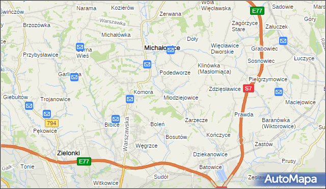 mapa Młodziejowice gmina Michałowice, Młodziejowice gmina Michałowice na mapie Targeo