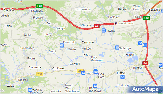 mapa Mników gmina Liszki, Mników gmina Liszki na mapie Targeo