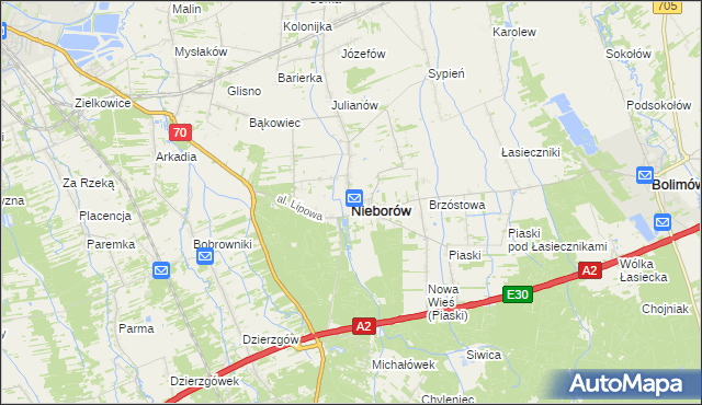 mapa Nieborów powiat łowicki, Nieborów powiat łowicki na mapie Targeo