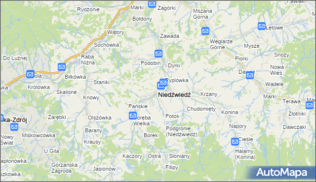 mapa Niedźwiedź powiat limanowski, Niedźwiedź powiat limanowski na mapie Targeo