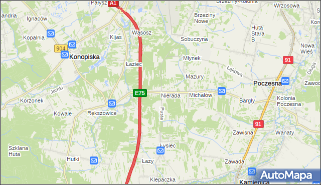 mapa Nierada gmina Poczesna, Nierada gmina Poczesna na mapie Targeo