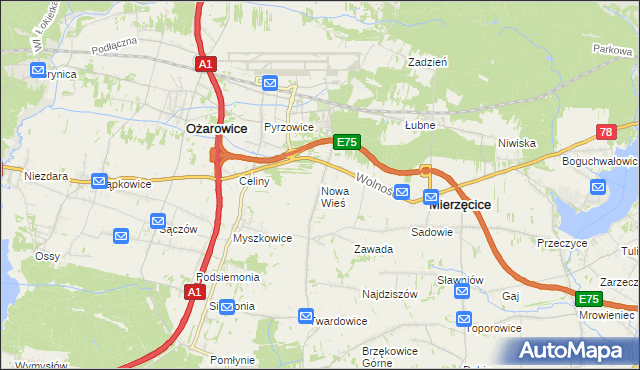 mapa Nowa Wieś gmina Mierzęcice, Nowa Wieś gmina Mierzęcice na mapie Targeo