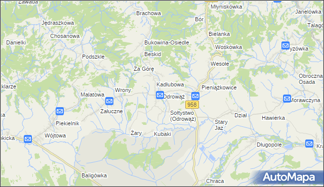 mapa Odrowąż gmina Czarny Dunajec, Odrowąż gmina Czarny Dunajec na mapie Targeo