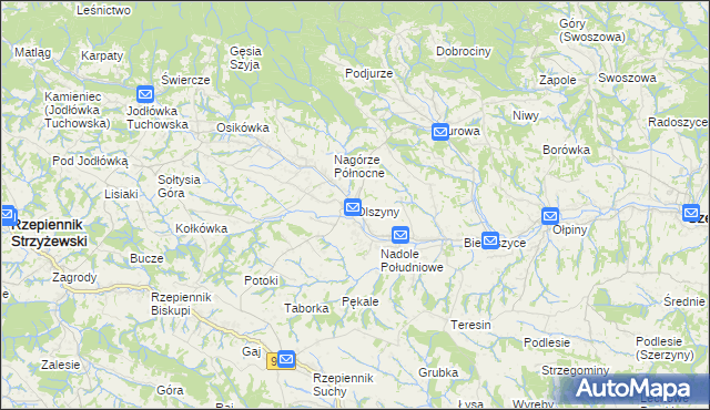 mapa Olszyny gmina Rzepiennik Strzyżewski, Olszyny gmina Rzepiennik Strzyżewski na mapie Targeo