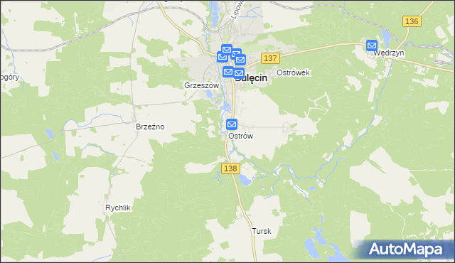 mapa Ostrów gmina Sulęcin, Ostrów gmina Sulęcin na mapie Targeo