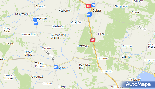 mapa Ostrówek gmina Dobra, Ostrówek gmina Dobra na mapie Targeo