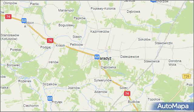 mapa Paradyż powiat opoczyński, Paradyż powiat opoczyński na mapie Targeo