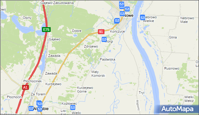 mapa Pastwiska gmina Nowe, Pastwiska gmina Nowe na mapie Targeo