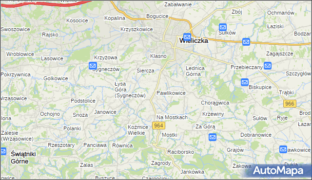 mapa Pawlikowice gmina Wieliczka, Pawlikowice gmina Wieliczka na mapie Targeo