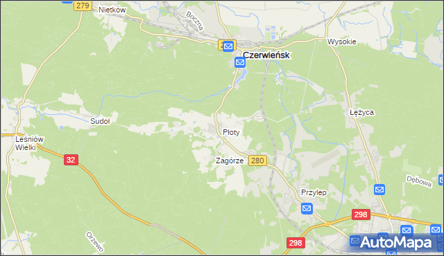 mapa Płoty gmina Czerwieńsk, Płoty gmina Czerwieńsk na mapie Targeo