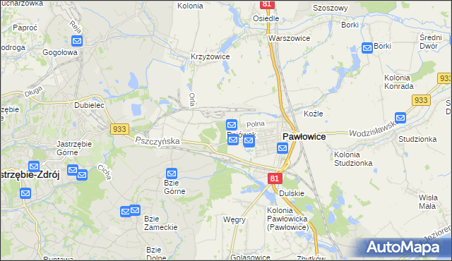 mapa Pniówek gmina Pawłowice, Pniówek gmina Pawłowice na mapie Targeo