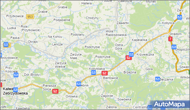 mapa Podchybie gmina Lanckorona, Podchybie gmina Lanckorona na mapie Targeo