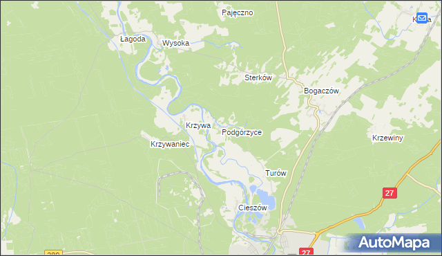 mapa Podgórzyce gmina Nowogród Bobrzański, Podgórzyce gmina Nowogród Bobrzański na mapie Targeo