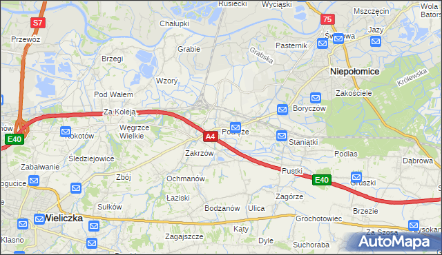mapa Podłęże gmina Niepołomice, Podłęże gmina Niepołomice na mapie Targeo