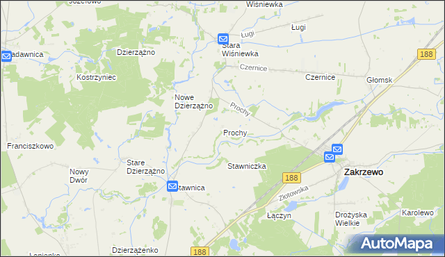 mapa Prochy gmina Zakrzewo, Prochy gmina Zakrzewo na mapie Targeo