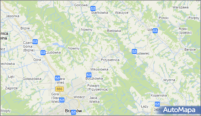 mapa Przysietnica gmina Brzozów, Przysietnica gmina Brzozów na mapie Targeo