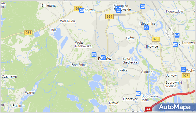 mapa Radłów powiat tarnowski, Radłów powiat tarnowski na mapie Targeo