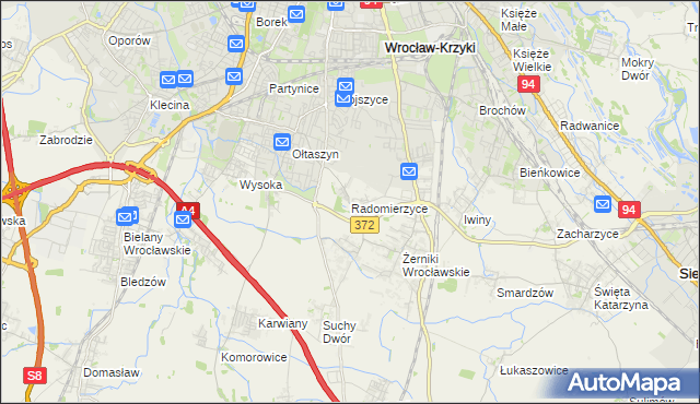 mapa Radomierzyce gmina Siechnice, Radomierzyce gmina Siechnice na mapie Targeo