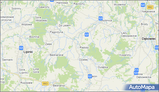 mapa Radość gmina Dębowiec, Radość gmina Dębowiec na mapie Targeo