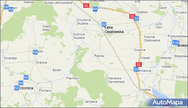 mapa Raków gmina Łęka Opatowska, Raków gmina Łęka Opatowska na mapie Targeo