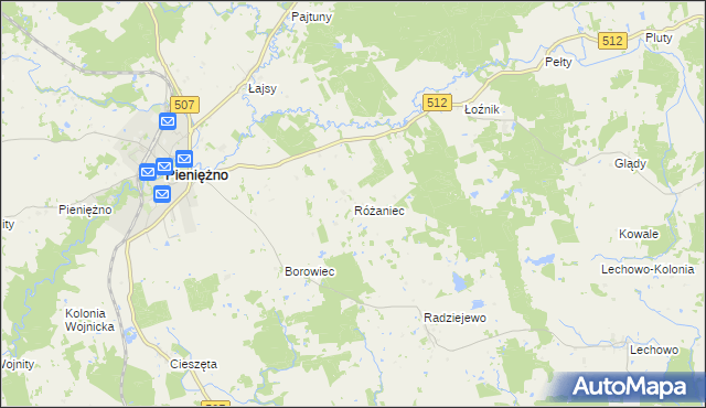 mapa Różaniec gmina Pieniężno, Różaniec gmina Pieniężno na mapie Targeo