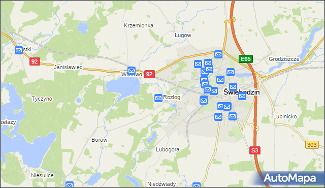 mapa Rozłogi gmina Świebodzin, Rozłogi gmina Świebodzin na mapie Targeo
