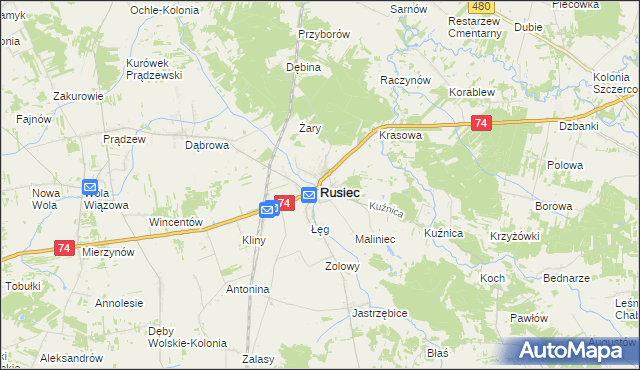 mapa Rusiec powiat bełchatowski, Rusiec powiat bełchatowski na mapie Targeo