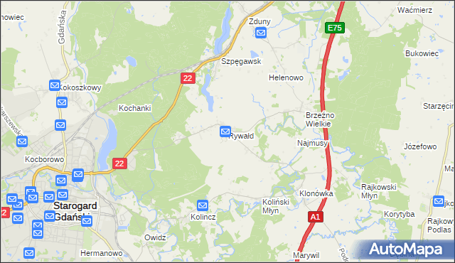 mapa Rywałd gmina Starogard Gdański, Rywałd gmina Starogard Gdański na mapie Targeo