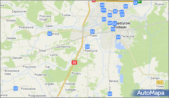 mapa Rzeczyca gmina Międzyrzec Podlaski, Rzeczyca gmina Międzyrzec Podlaski na mapie Targeo