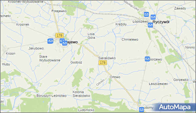 mapa Sierakówko gmina Połajewo, Sierakówko gmina Połajewo na mapie Targeo