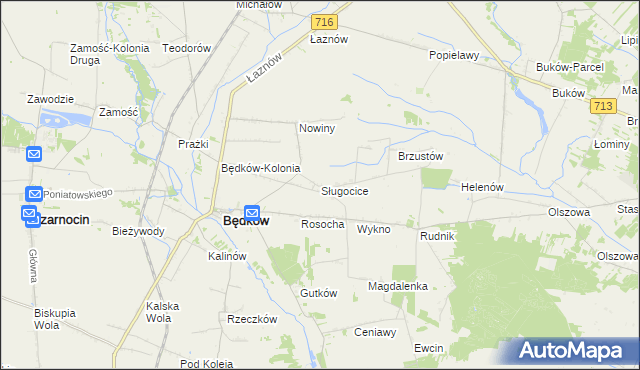 mapa Sługocice gmina Będków, Sługocice gmina Będków na mapie Targeo