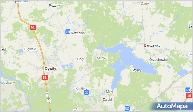 mapa Słupy gmina Dywity, Słupy gmina Dywity na mapie Targeo