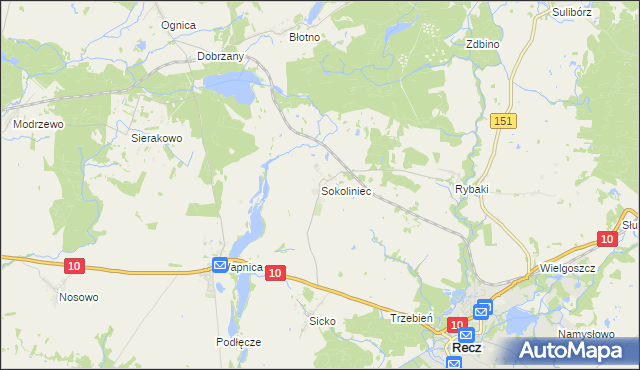 mapa Sokoliniec gmina Recz, Sokoliniec gmina Recz na mapie Targeo