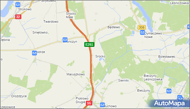 mapa Srocko gmina Stęszew, Srocko gmina Stęszew na mapie Targeo
