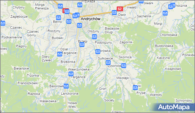 mapa Sułkowice gmina Andrychów, Sułkowice gmina Andrychów na mapie Targeo