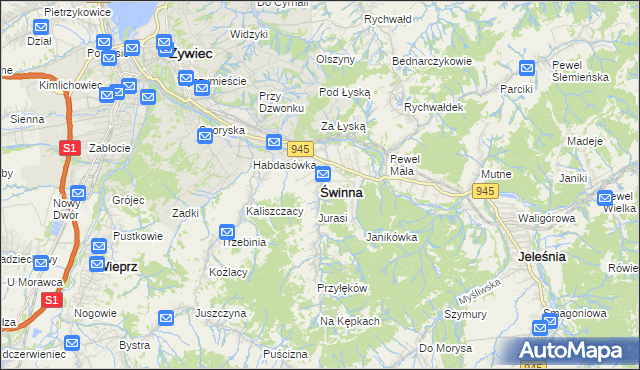 mapa Świnna powiat żywiecki, Świnna powiat żywiecki na mapie Targeo