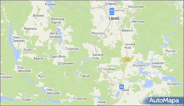 mapa Szklana Huta gmina Lipusz, Szklana Huta gmina Lipusz na mapie Targeo