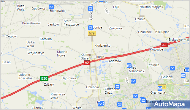 mapa Tłuste gmina Grodzisk Mazowiecki, Tłuste gmina Grodzisk Mazowiecki na mapie Targeo