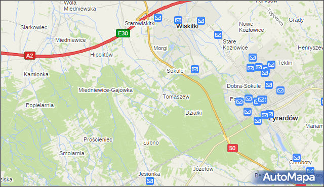 mapa Tomaszew gmina Wiskitki, Tomaszew gmina Wiskitki na mapie Targeo