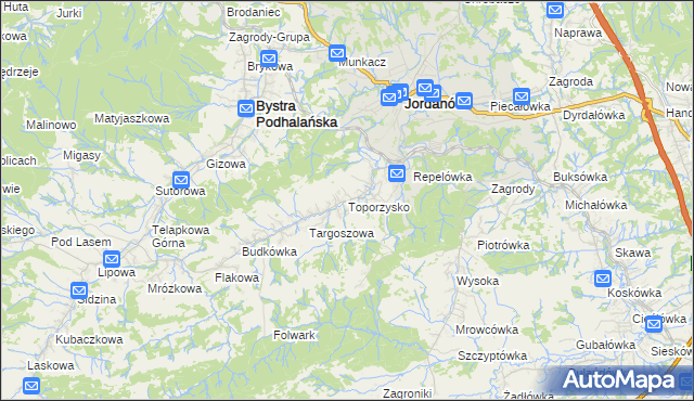 mapa Toporzysko gmina Jordanów, Toporzysko gmina Jordanów na mapie Targeo