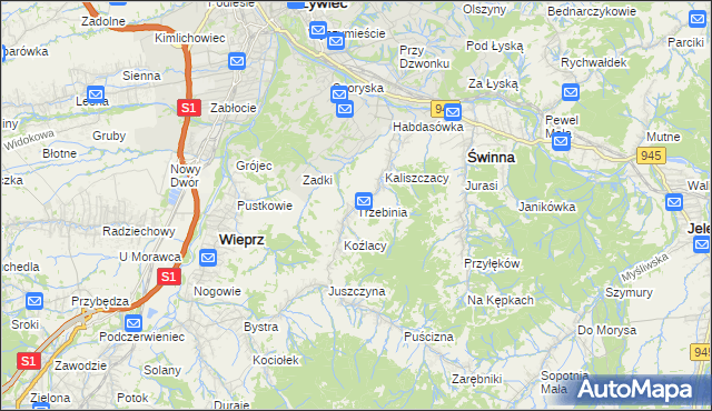 mapa Trzebinia gmina Świnna, Trzebinia gmina Świnna na mapie Targeo