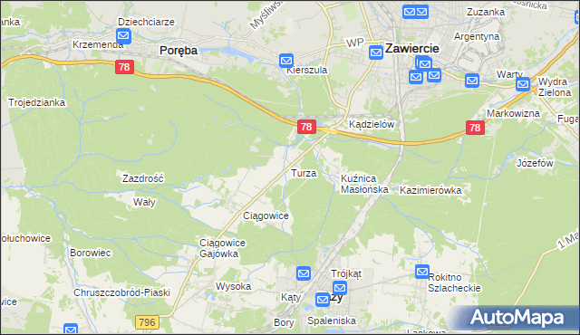 mapa Turza gmina Łazy, Turza gmina Łazy na mapie Targeo