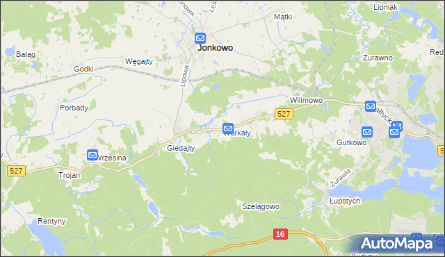 mapa Warkały gmina Jonkowo, Warkały gmina Jonkowo na mapie Targeo
