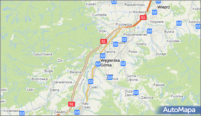 mapa Węgierska Górka, Węgierska Górka na mapie Targeo