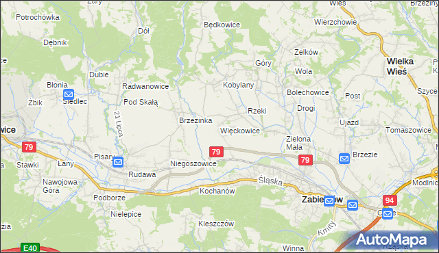 mapa Więckowice gmina Zabierzów, Więckowice gmina Zabierzów na mapie Targeo