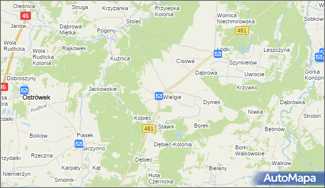 mapa Wielgie gmina Ostrówek, Wielgie gmina Ostrówek na mapie Targeo