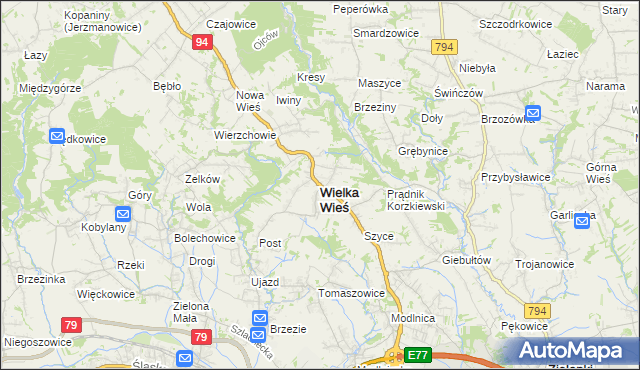 mapa Wielka Wieś powiat krakowski, Wielka Wieś powiat krakowski na mapie Targeo