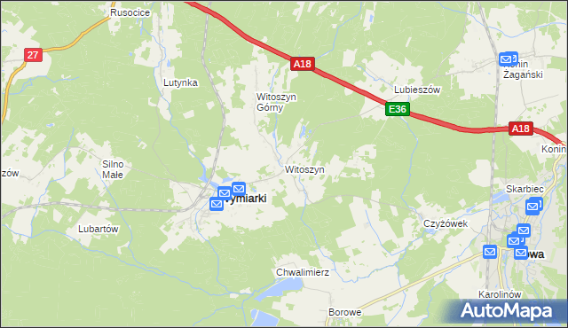 mapa Witoszyn gmina Wymiarki, Witoszyn gmina Wymiarki na mapie Targeo