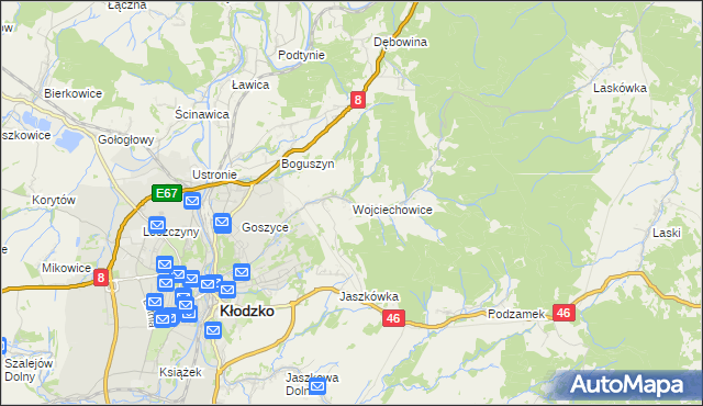 mapa Wojciechowice gmina Kłodzko, Wojciechowice gmina Kłodzko na mapie Targeo