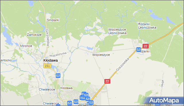 mapa Wojcieszyce gmina Kłodawa, Wojcieszyce gmina Kłodawa na mapie Targeo